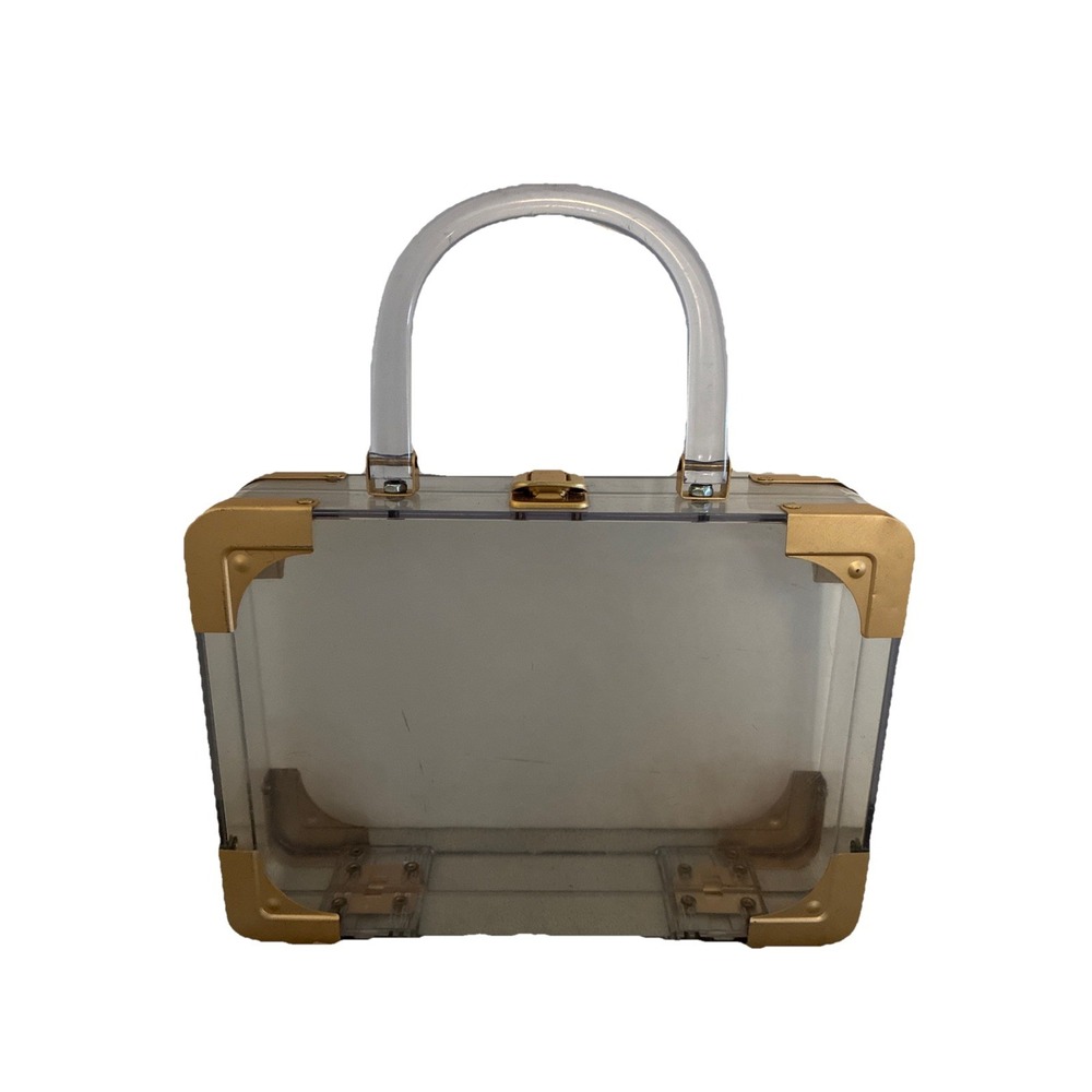 Vintage Clear Lucite Acrylic Box Purse 9.5x7.5x2.5" Gold Hardware